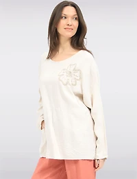 Crinkled Flowy 3/4-Sleeve Top with Floral Appliqué Sequins & Pocket by Froccella