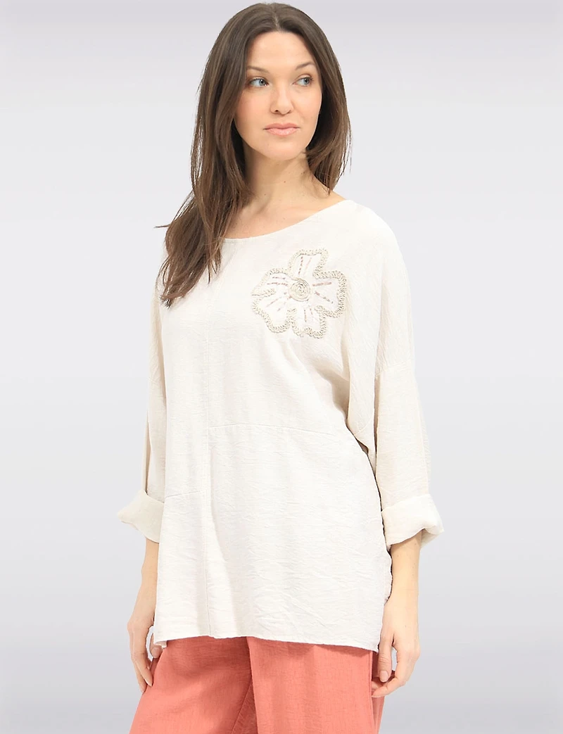 Crinkled Flowy 3/4-Sleeve Top with Floral Appliqué Sequins & Pocket by Froccella