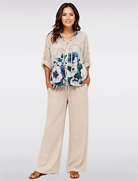 Linen-Blend Blue Floral Printed Zip-Up Hoodie with Drawstring Hem by Froccella