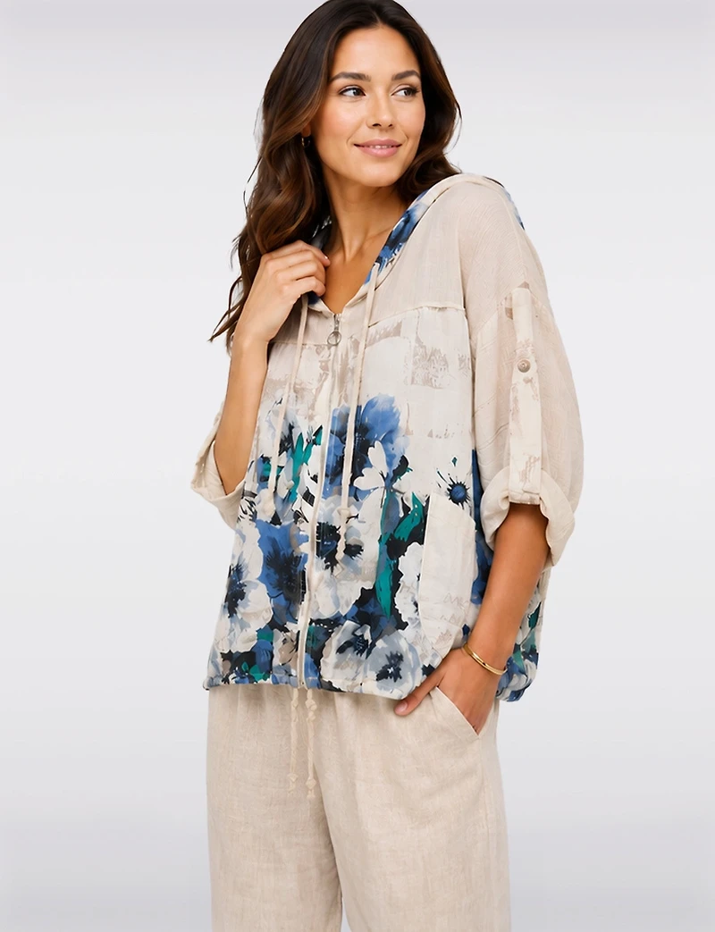 Linen-Blend Blue Floral Printed Zip-Up Hoodie with Drawstring Hem by Froccella