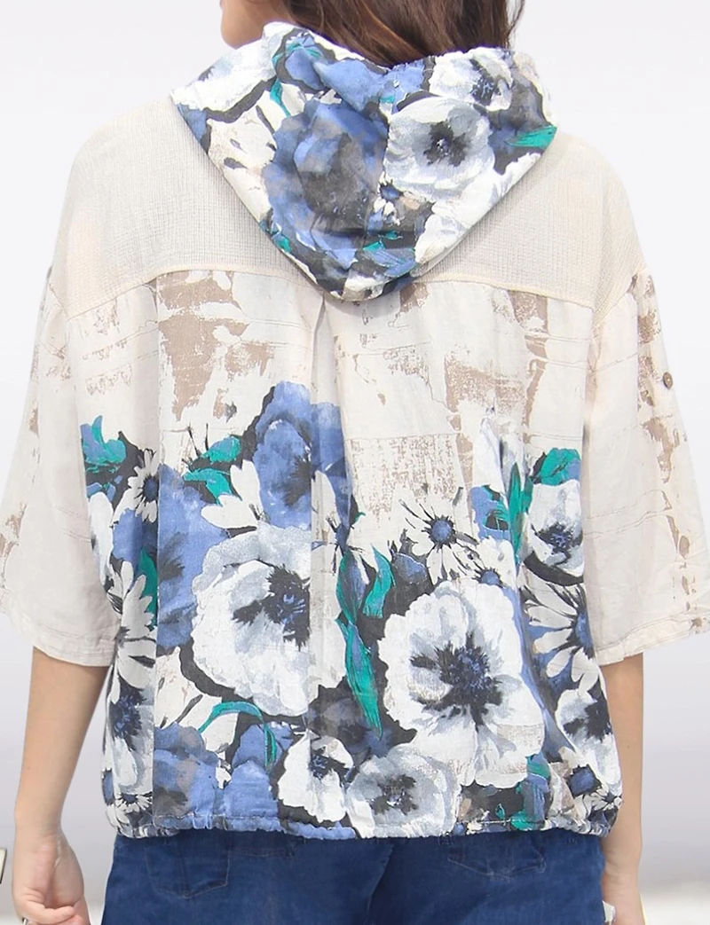 Linen-Blend Blue Floral Printed Zip-Up Hoodie with Drawstring Hem by Froccella