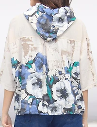 Linen-Blend Blue Floral Printed Zip-Up Hoodie with Drawstring Hem by Froccella
