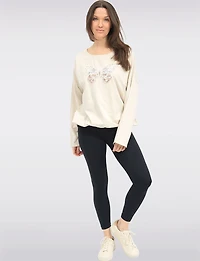 Long-Sleeve Butterfly Embroidered Top with Sequins & Drawstring Hem by Froccella