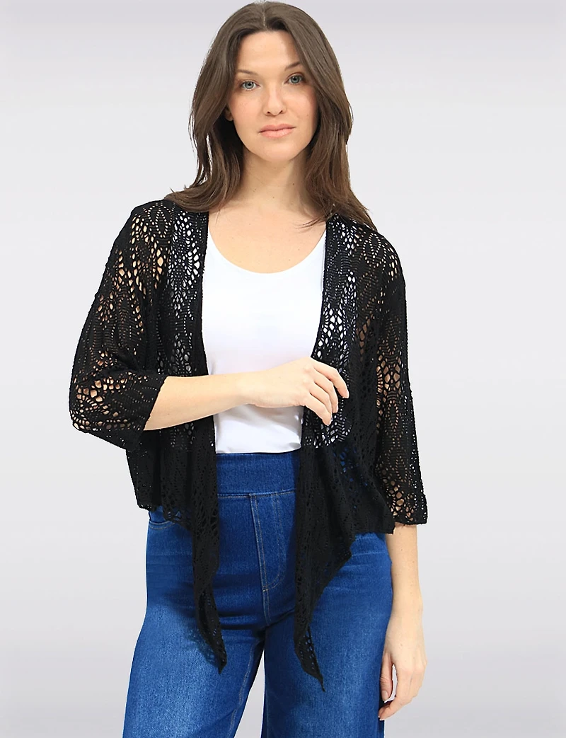 Lightweight Open-Front Crochet Design 3/4 Sleeves Shrug Cardigan by Froccella