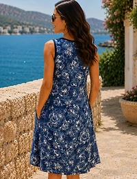 Wrinkle-Free Diamond Print A-Line Dress Flattering Sleeveless V-Neck Perle Style