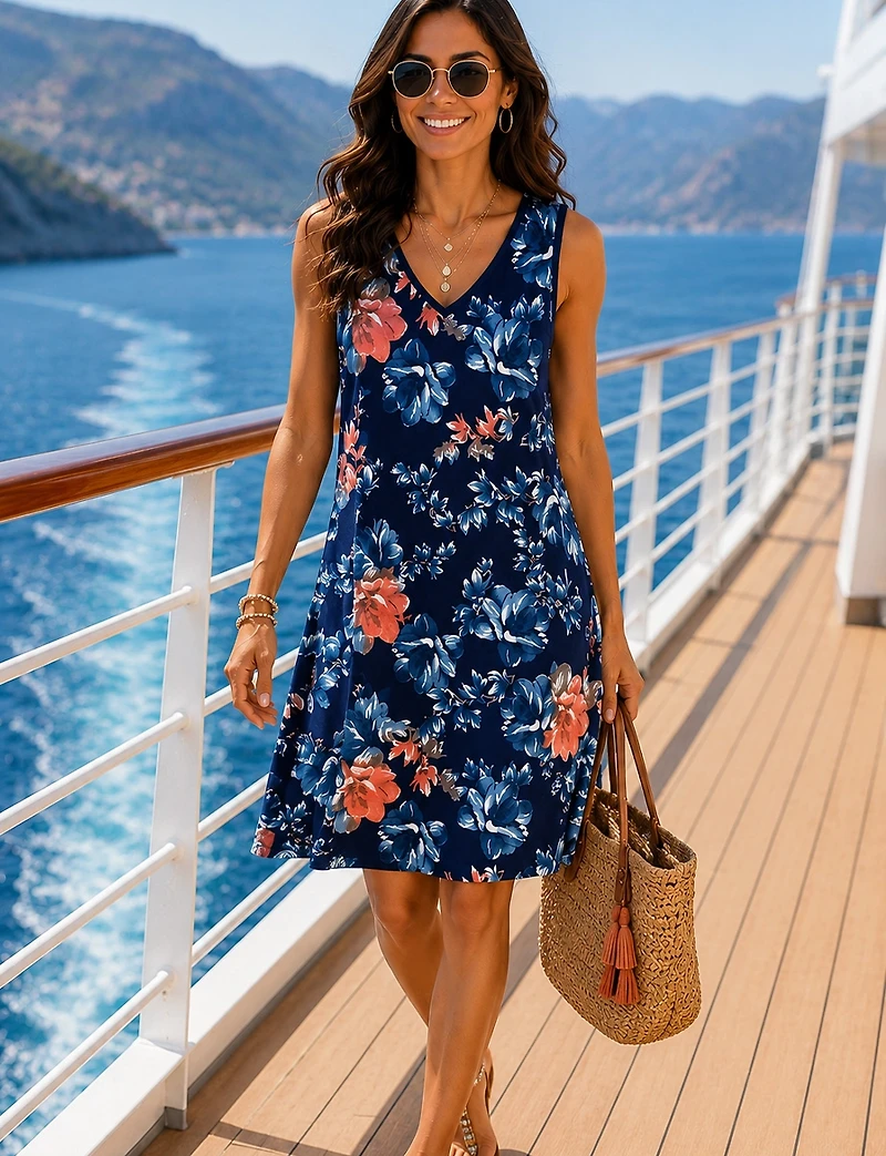 Wrinkle-Free Floral Print A-Line Dress Short Sleeve With Scoop Neck by Perle