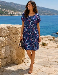 Wrinkle-Free Geometrical Print Shift Dress - Short Sleeves & Round Neck by Perle
