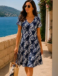 Wrinkle-Free Geometric Print A-Line Dress Short Sleeve With Scoop Neck by Perle