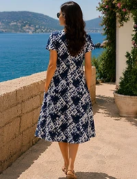 Wrinkle-Free Geometric Print A-Line Dress Short Sleeve With Scoop Neck by Perle