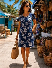Wrinkle-Free Floral Print A-Line Dress Short Sleeves & Scoop Neckline by Perle