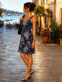 Wrinkle-Free Floral Print A-Line Dress Flattering Sleeveless Scoop Neck by Perle