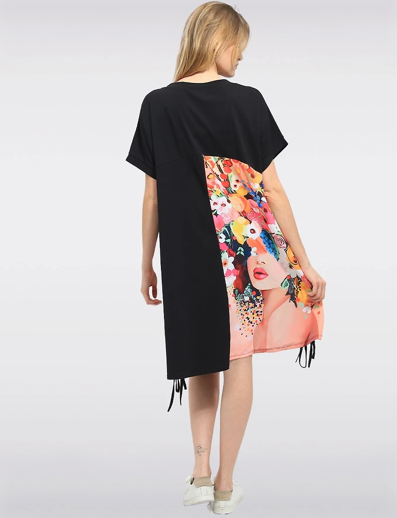Colourful Floral & Black Round Neck T-Shirt Dress with Patch Pocket By Froccella