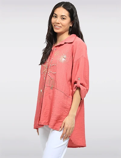 Chic Relaxed Fit Button-Up Shirt with Metallic Floral Print & Pearls Froccella