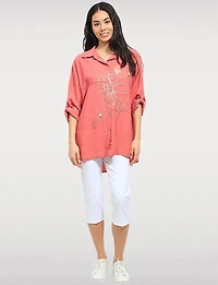 Chic Relaxed Fit Button-Up Shirt with Metallic Floral Print & Pearls Froccella