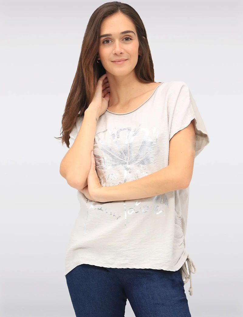 Froccella Linen Blend Cap Sleeve Foil Flower Print Top - Drawstring on the Side