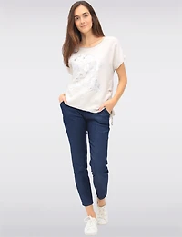 Froccella Linen Blend Cap Sleeve Foil Flower Print Top - Drawstring on the Side