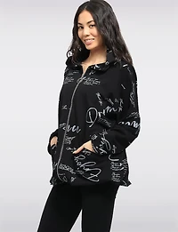 Cotton Blend Zip Graphic Print Hoodie with Drawstring Hood & Hem by Froccella
