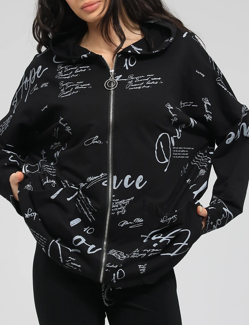 Cotton Blend Zip Graphic Print Hoodie with Drawstring Hood & Hem by Froccella