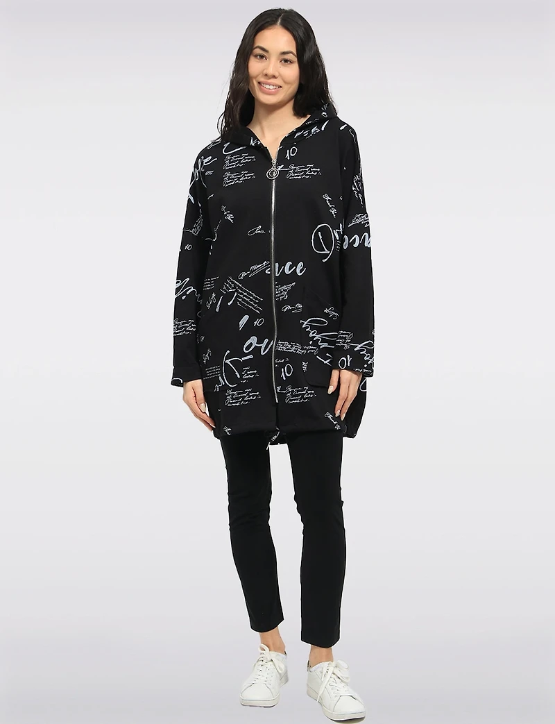 Cotton Blend Zip Graphic Print Hoodie with Drawstring Hood & Hem by Froccella