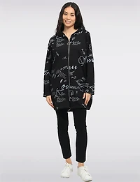 Cotton Blend Zip Graphic Print Hoodie with Drawstring Hood & Hem by Froccella