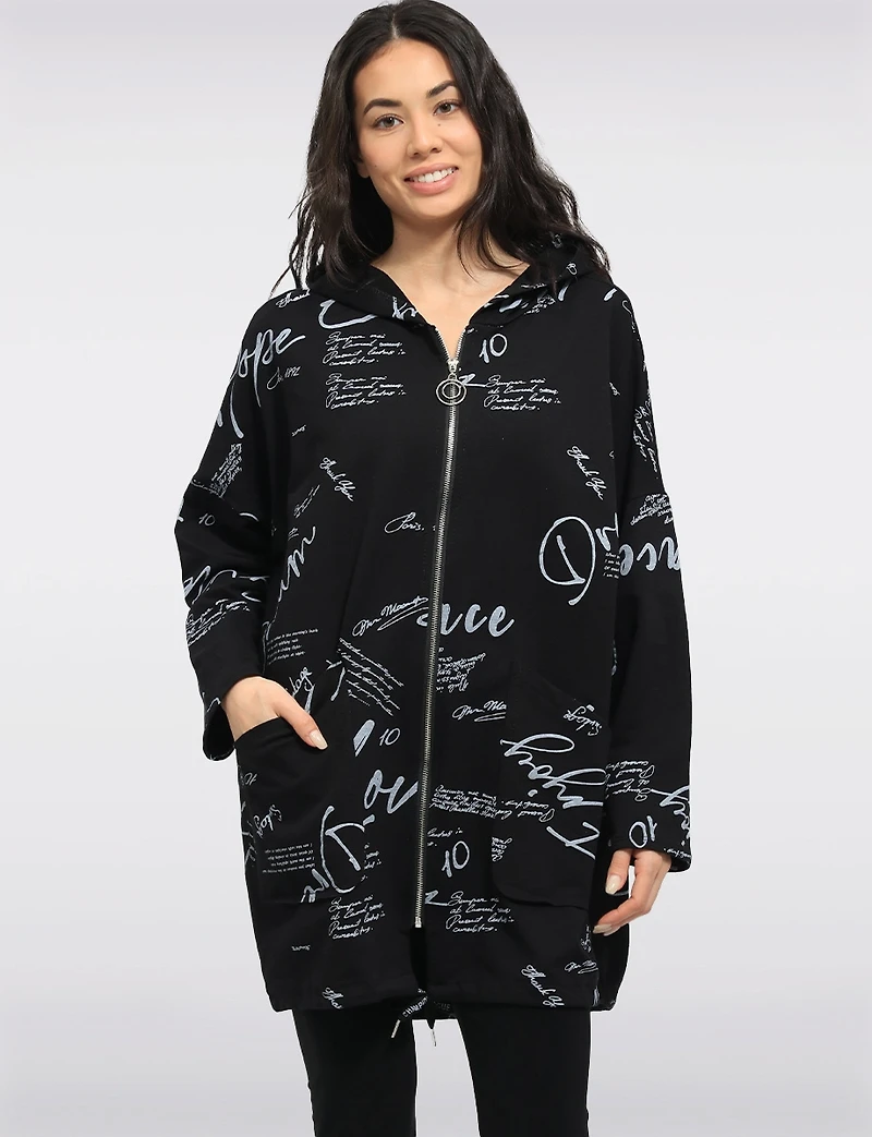 Cotton Blend Zip Graphic Print Hoodie with Drawstring Hood & Hem by Froccella