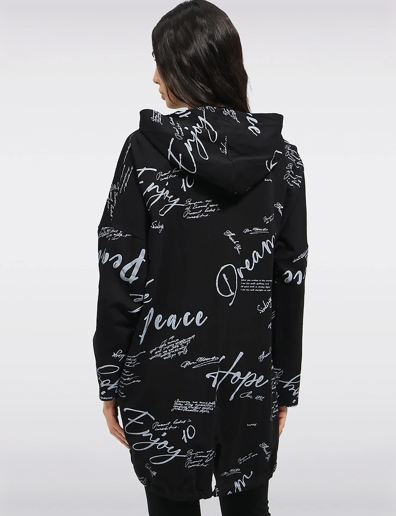 Cotton Blend Zip Graphic Print Hoodie with Drawstring Hood & Hem by Froccella