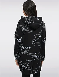 Cotton Blend Zip Graphic Print Hoodie with Drawstring Hood & Hem by Froccella