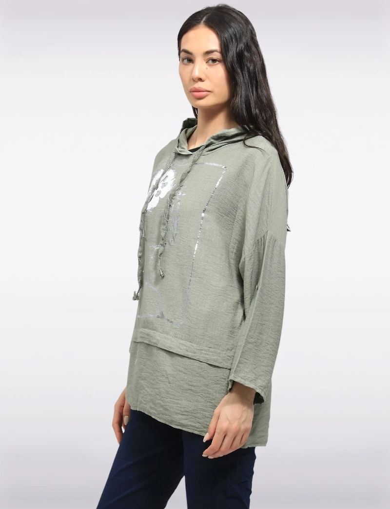 Chic High-Low Drawstring Hoodie with Metallic Foil Face Design by Froccella