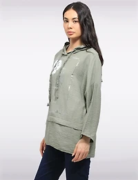 Chic High-Low Drawstring Hoodie with Metallic Foil Face Design by Froccella