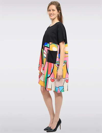 Lightweight Cotton Abstract Print Long T-Shirt Dress with Pockets by Froccella
