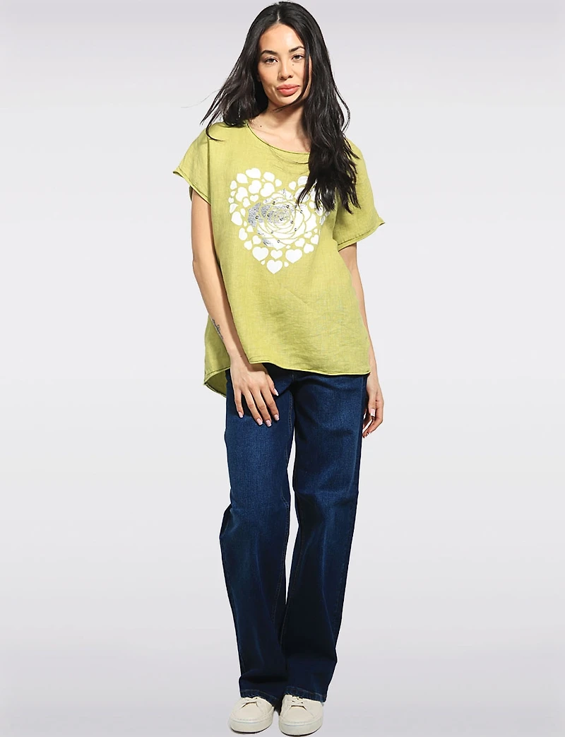 Linen-Cotton Cap Sleeve Relaxed Top with Heart & Foil Flower Print by Froccella