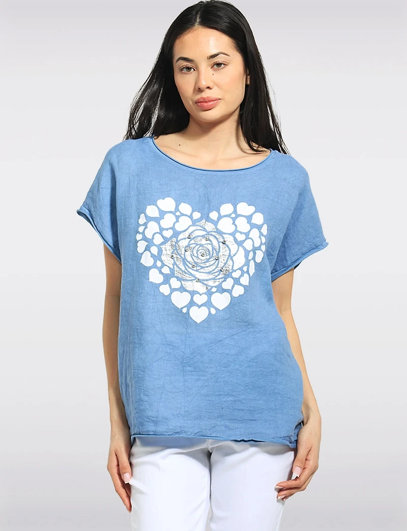 Linen-Cotton Cap Sleeve Relaxed Top with Heart & Foil Flower Print by Froccella