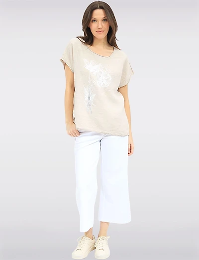 High-Low Linen Blend Short Sleeve Foil Flower-Rhinestone Print Top by Froccella