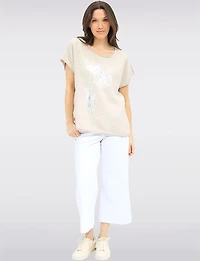 High-Low Linen Blend Short Sleeve Foil Flower-Rhinestone Print Top by Froccella