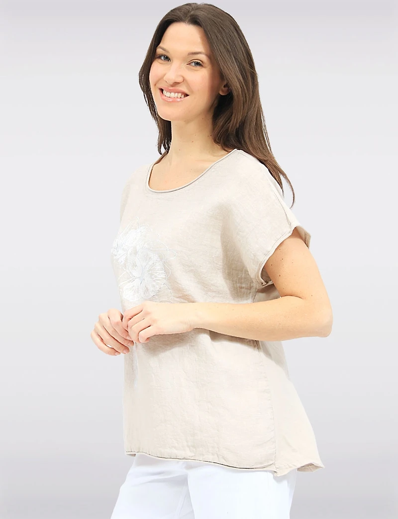 High-Low Linen Blend Short Sleeve Foil Flower-Rhinestone Print Top by Froccella