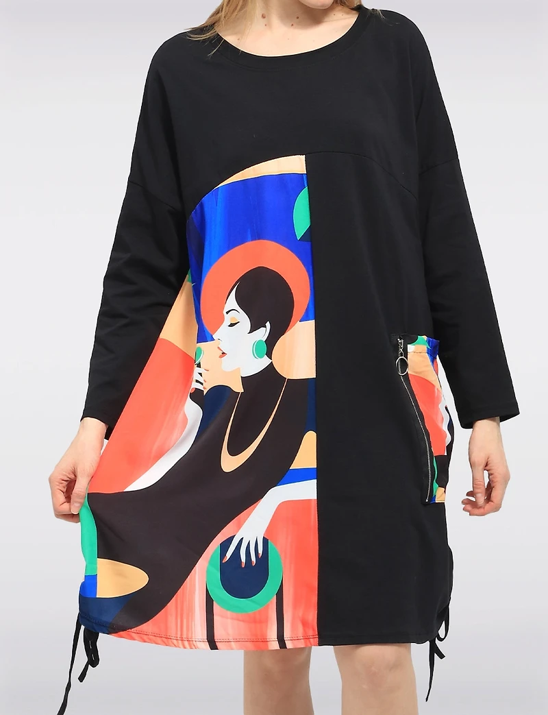 Chic Color Face Print T-Shirt Dress Relaxed Fit Pockets & Side-Ties by Froccella