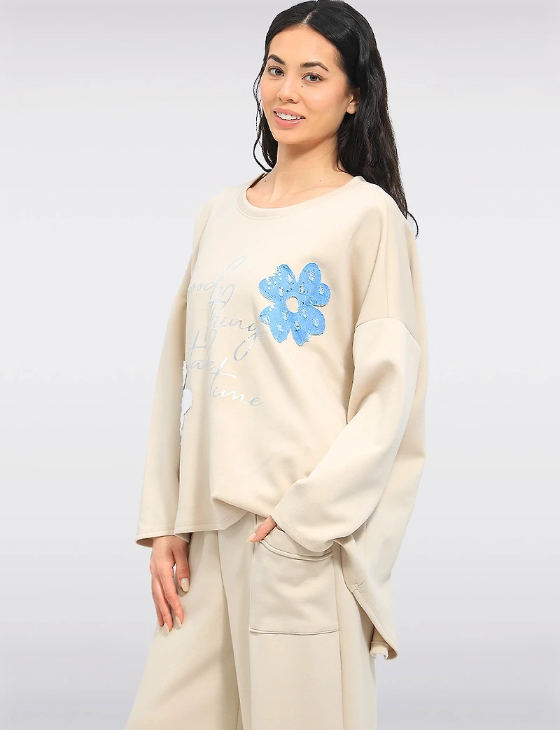 Froccella Soft High-Low Stretch Blend Tunic - Relaxed Fit with Flower Foil Print
