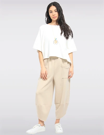 Elastic Waist Asymmetrical Hem Knit Balloon Pant With Patch Pockets By Froccella