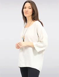 Flowy Round Neck Asymmetrical Hem Top with 3/4 Sleeves and Necklace by Froccella