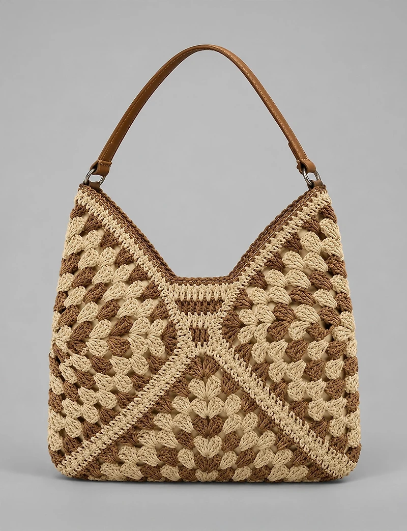 Boho Chic Black & Neutral Granny Square Two-Tone Crochet Paper Straw Tote Bag