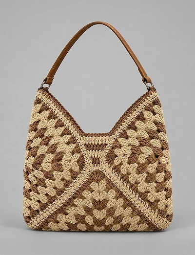 Boho Chic Black & Neutral Granny Square Two-Tone Crochet Paper Straw Tote Bag