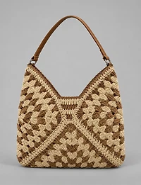 Boho Chic Black & Neutral Granny Square Two-Tone Crochet Paper Straw Tote Bag