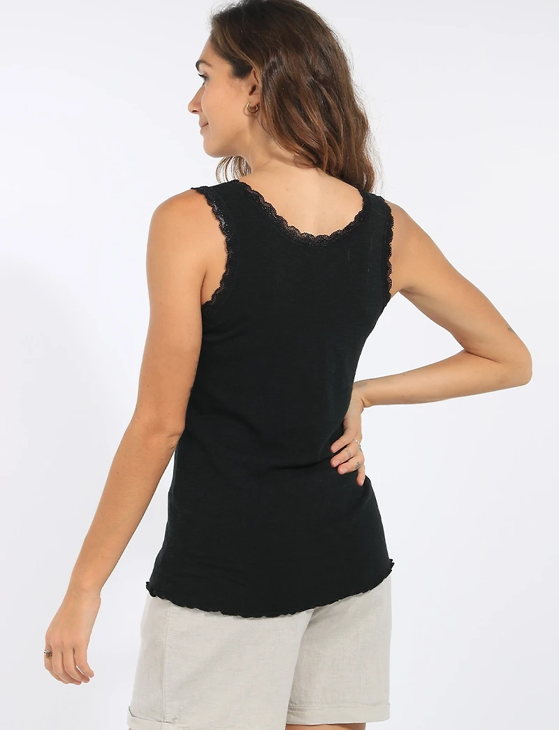 Slim-Fit Lightweight Cotton Knit Camisole with Lace-Trim by Froccella