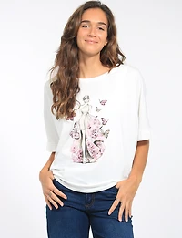 Lady Butterfly Design Dolman Sleeve Oversized Scoop Neck Cotton Top by Froccella