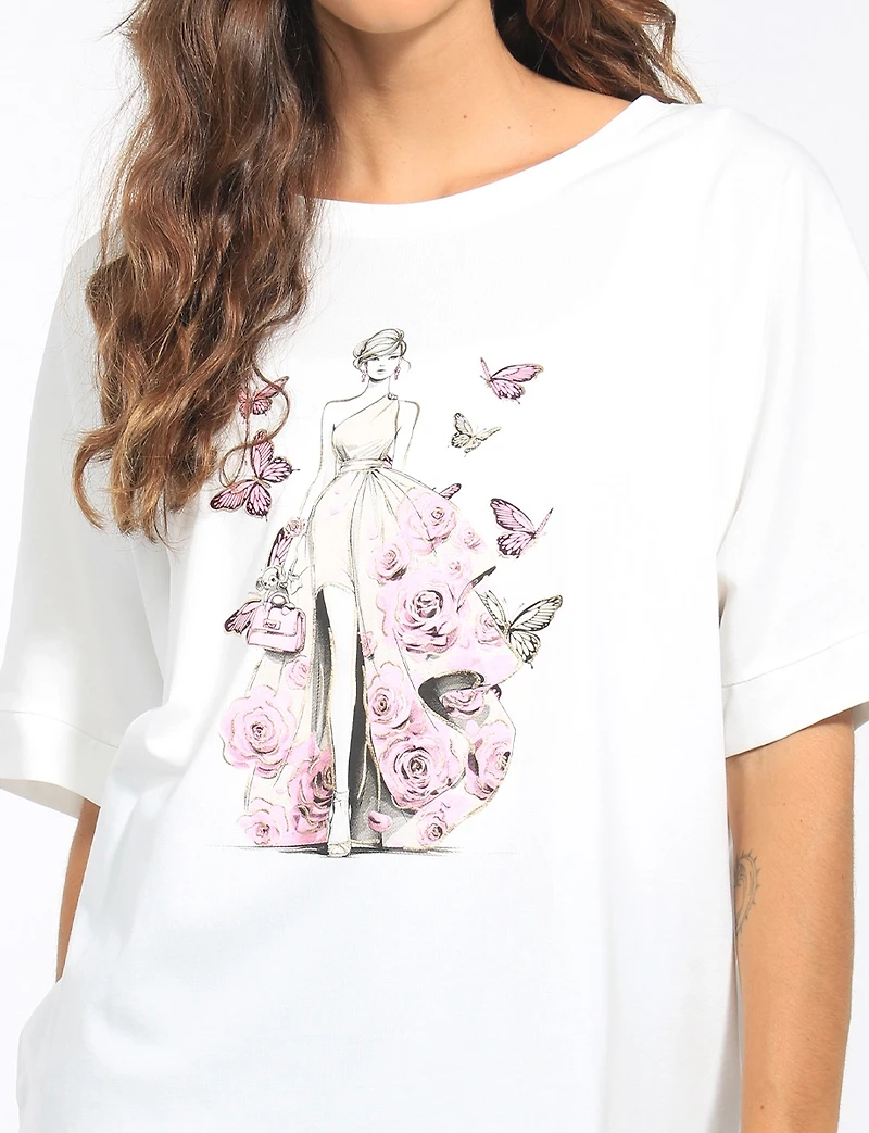 Lady Butterfly Design Dolman Sleeve Oversized Scoop Neck Cotton Top by Froccella