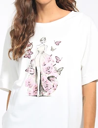 Lady Butterfly Design Dolman Sleeve Oversized Scoop Neck Cotton Top by Froccella