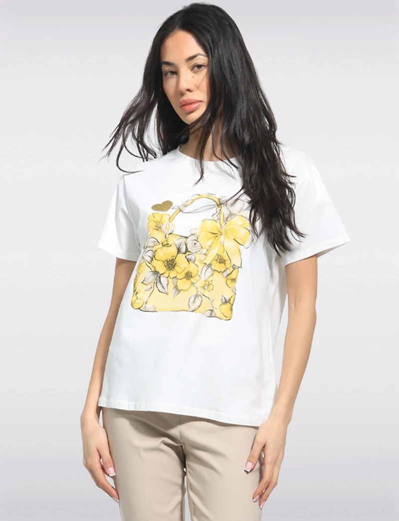Casual Cotton Short-Sleeve T-Shirt with Floral Handbag Design by Froccella