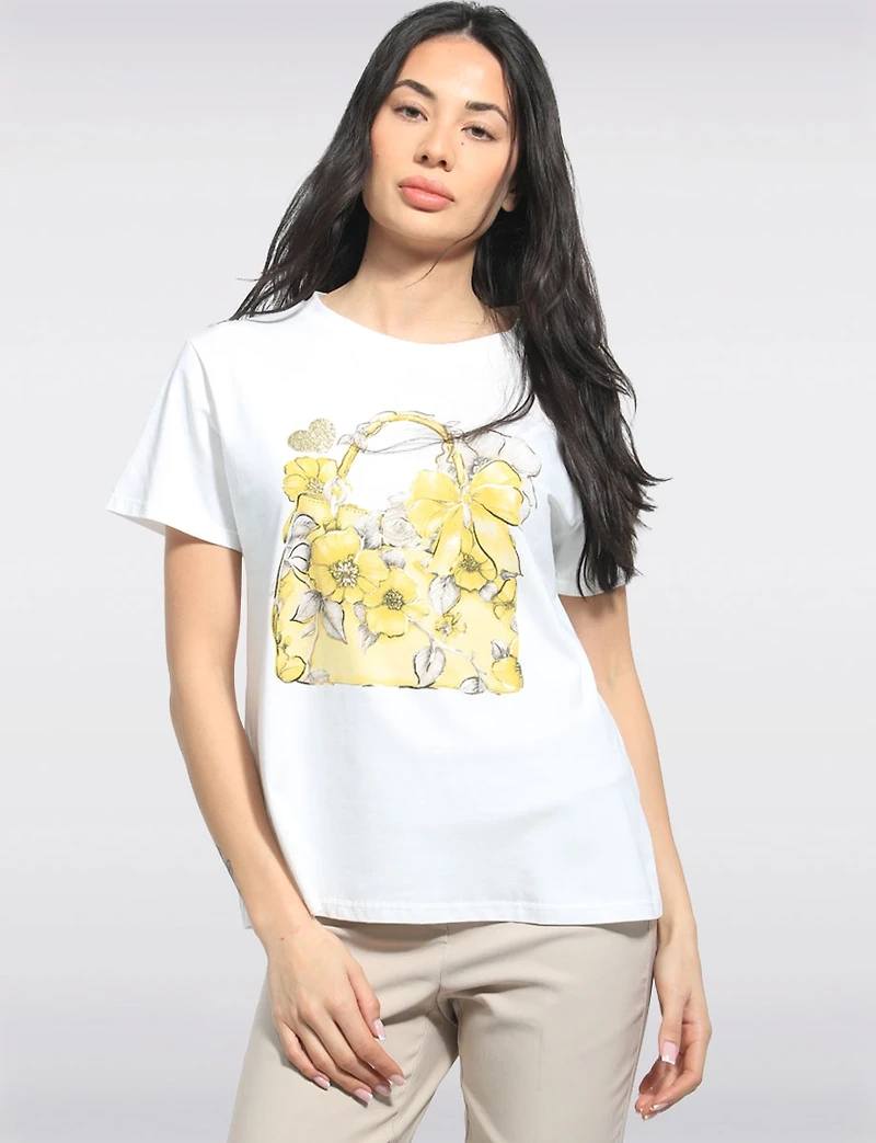 Casual Cotton Short-Sleeve T-Shirt with Floral Handbag Design by Froccella