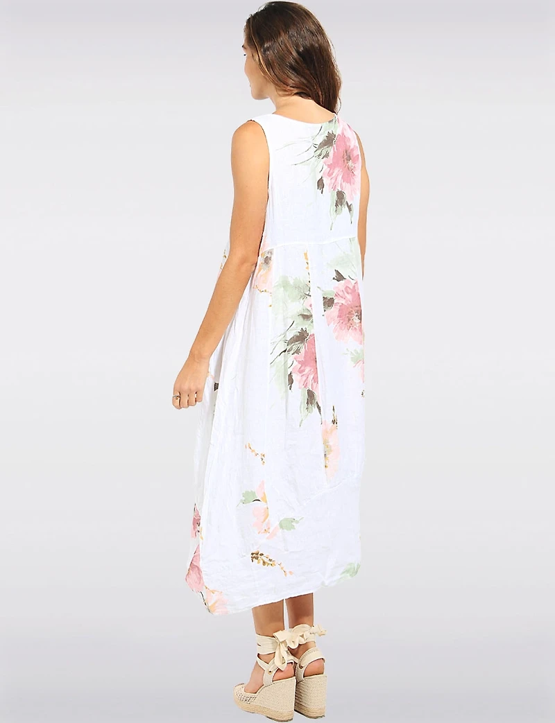 Sleeveless Floral Linen Midi Dress with Pockets & Balloon Hem by Froccella