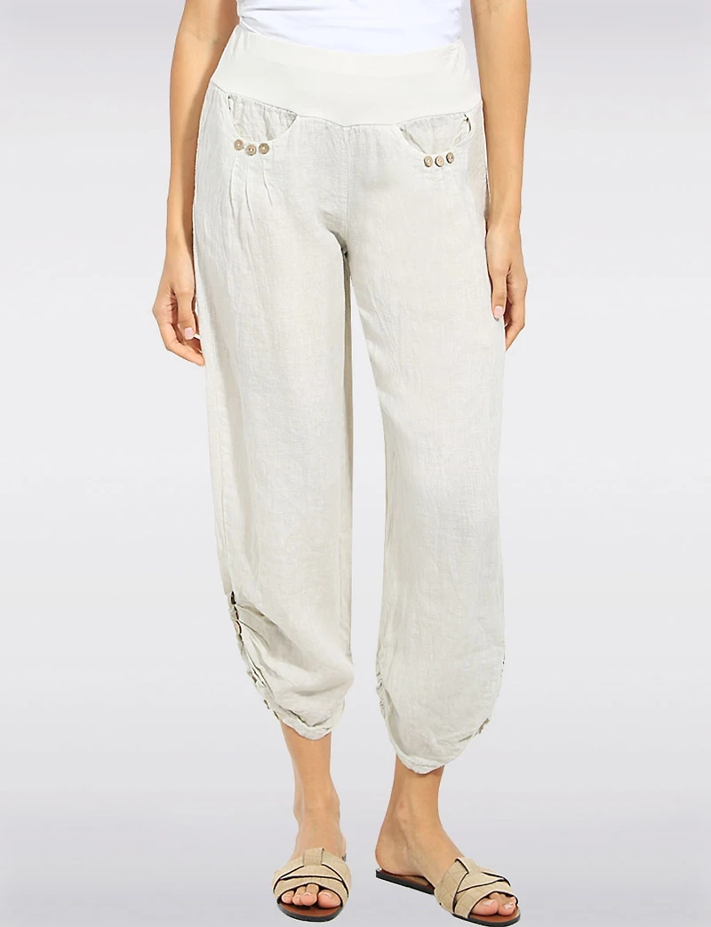 Linen Capri Pants with Knit Waistband, Pockets & Ruched Hem by Froccella